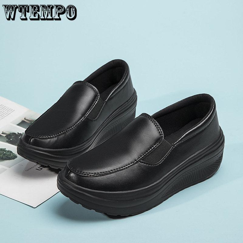 Women's Shoes Spring Genuine Leather Soft Outsole Work Shoes Female Black Swing Shoes Woman Plus Size Wedges Single Shoes