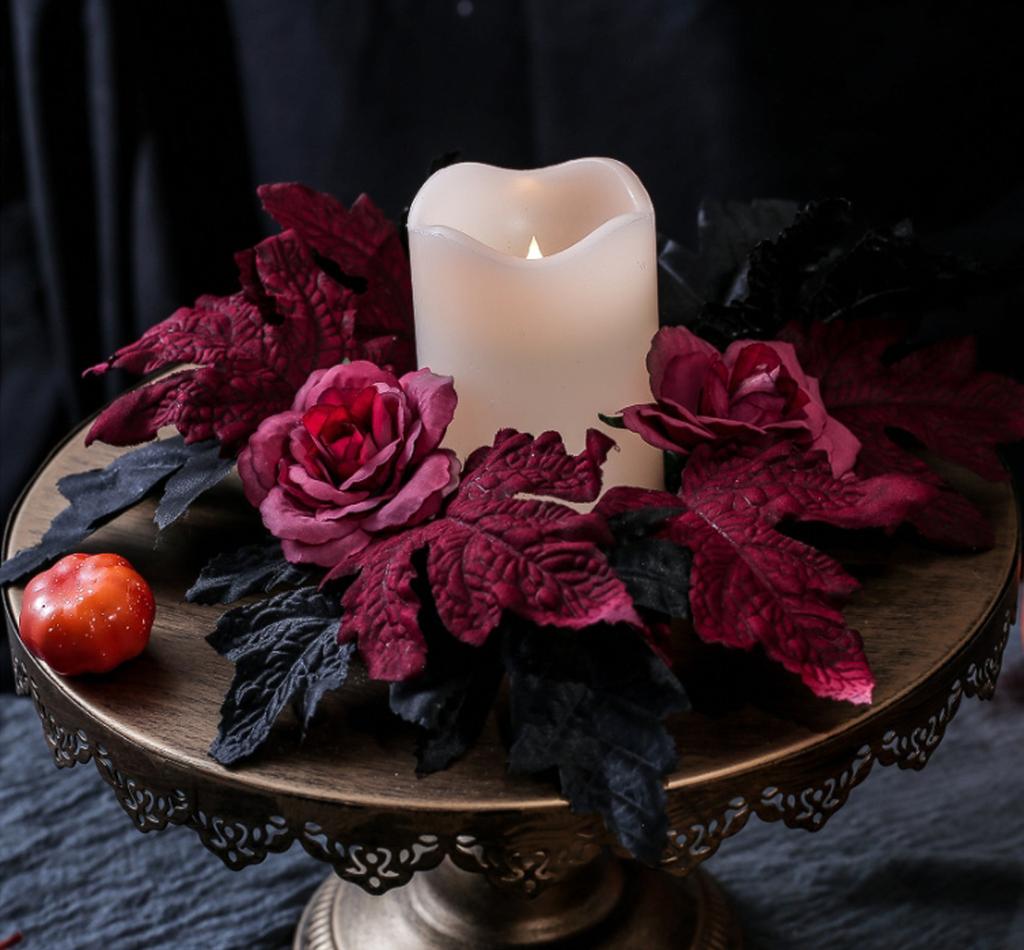 Halloween Artificial Rose Flowers Red&Black Silk Fake Maple Leaves Candlestick Wreath for Home Party Dining Table Candle Holders