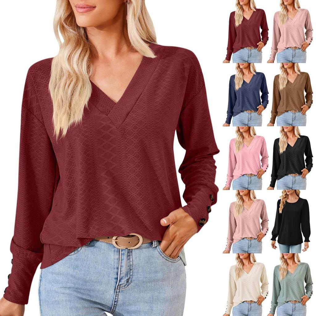 Women's Casual Fashion Colour V-Neck T-Shirt Button Decoration Loose Top