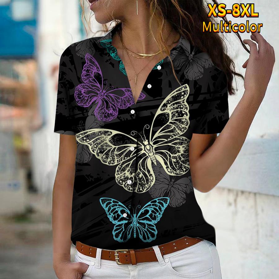 2025 Sommer Neue Mode Damen Schmetterling Bedruckt Kurzarm V-Ausschnitt Lässig Knopfleiste Hemd Top