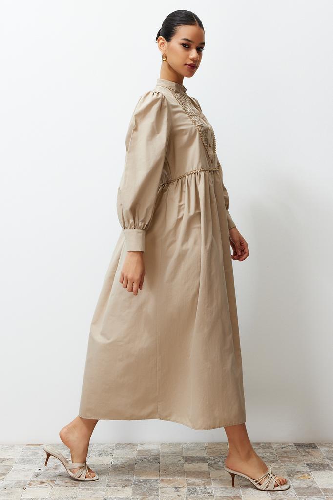 Women's Fashion New Hijab Dress Mink High Collar Balloon Sleeve Button and Piping Detailed Woven Dress