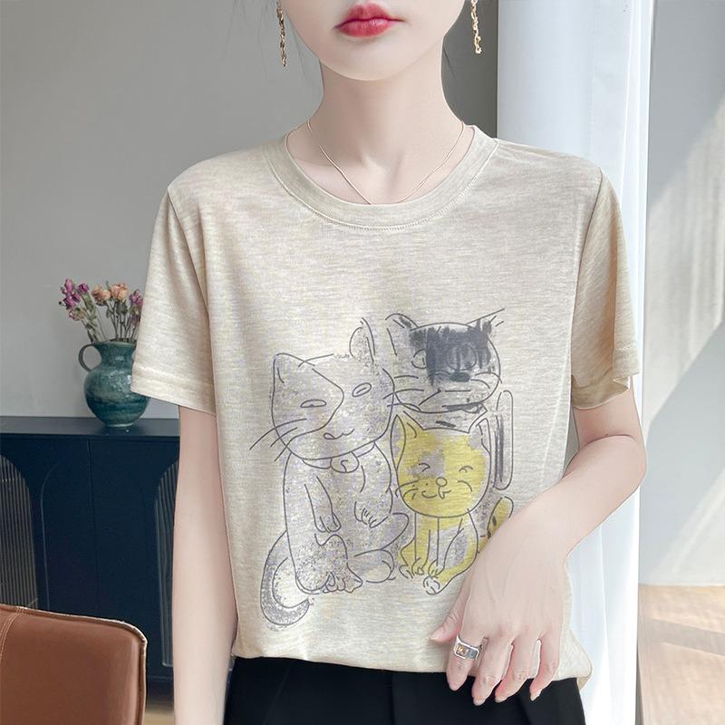 Summer Lyocell Ladies Crew Neck Loose Print T-Shirt Casual Short Sleeve Versatile Top