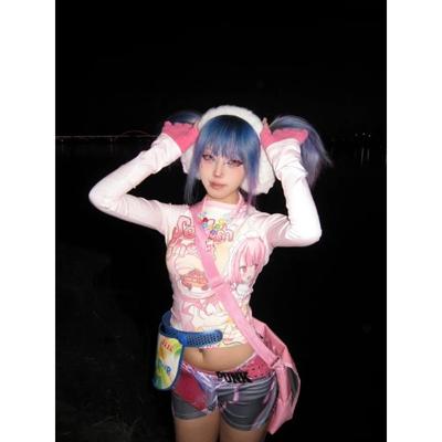2000s Y2k Harajuku Streetwear T-Shirts Female Japanese Fashion Patchwork Kawaii Sweet Cartoon Print Slim Tees Tops Soft Gril