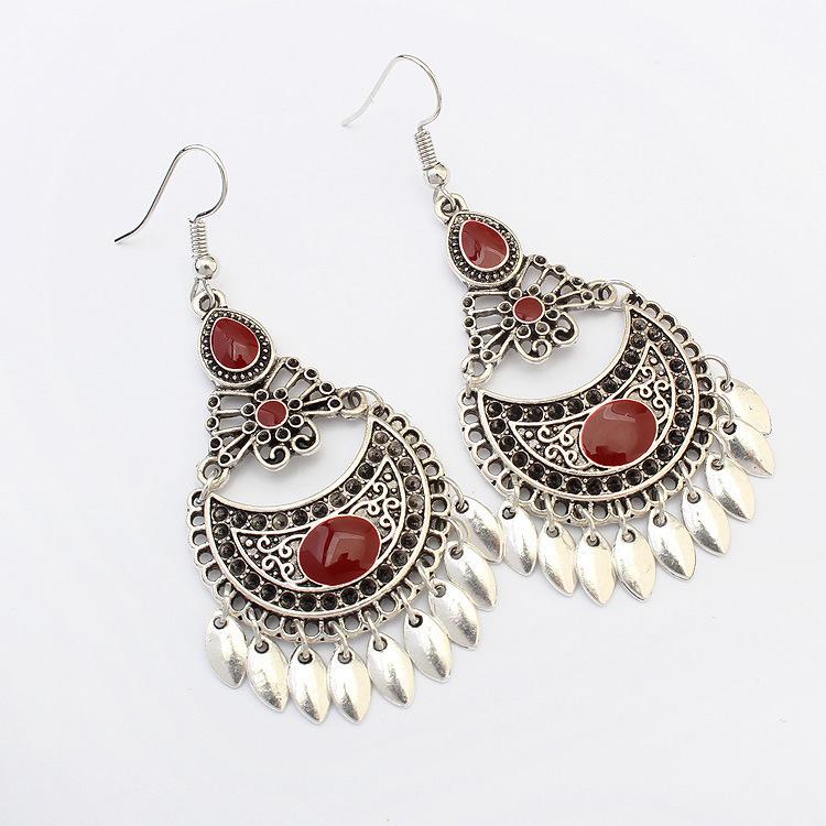 

Retro high-end ancient silver fashion crescent earrings, ethnic style drop glaze long fringed earrings, women s ear accessories