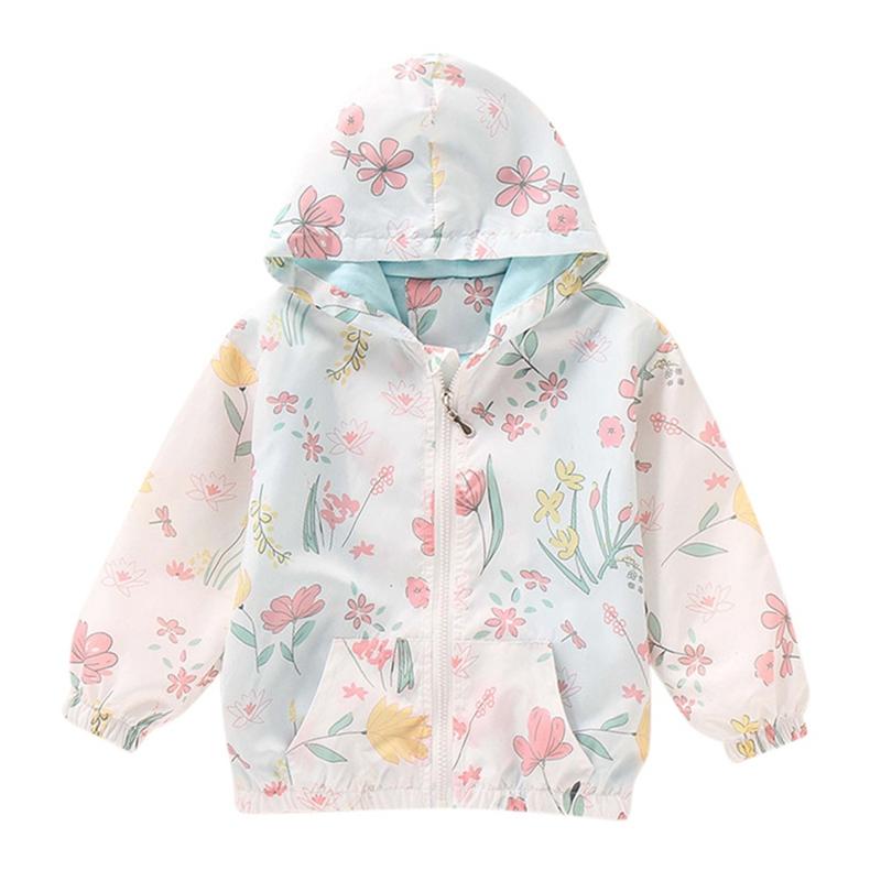 2-10 Years Kids Girls Printed Hooded Coat Thin Zipper Jacket