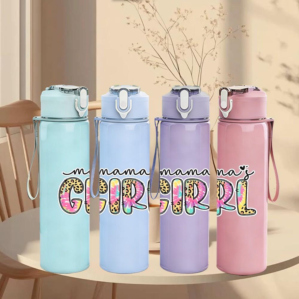1PC Mamas Girl Pastel Glitter Text Print 750ml Color Plastic Sports Water Bottle Leakproof Flip Straw Lid Suitable for Sports Office Home Use