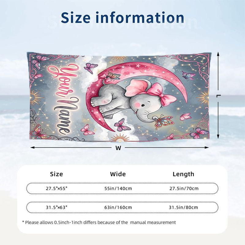 Elephant Theme Beach Towel Personalized Custom Name & Text Soft Quick Dry Beach Towel for Swimming Travel