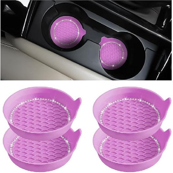 XINLIYA 4PCS Bling Car Cup Holder Coaster, Universal Crystal Rhinestone Anti-Slip Cup Holder Ert Coaster, Waterproof Round Shape Auto Drink Mat, розовый