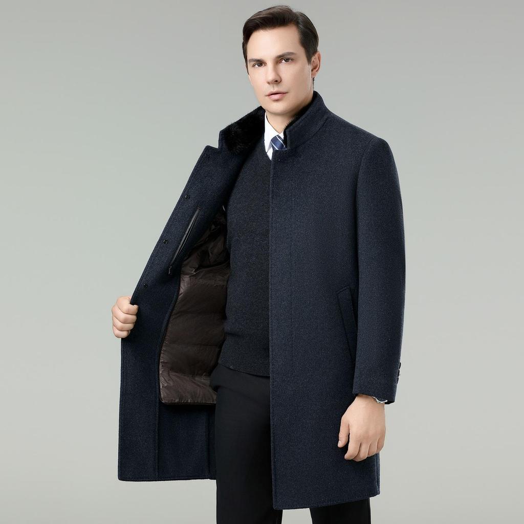 Men's Winter Wool Coat with Mink Fur Collar and Down Liner