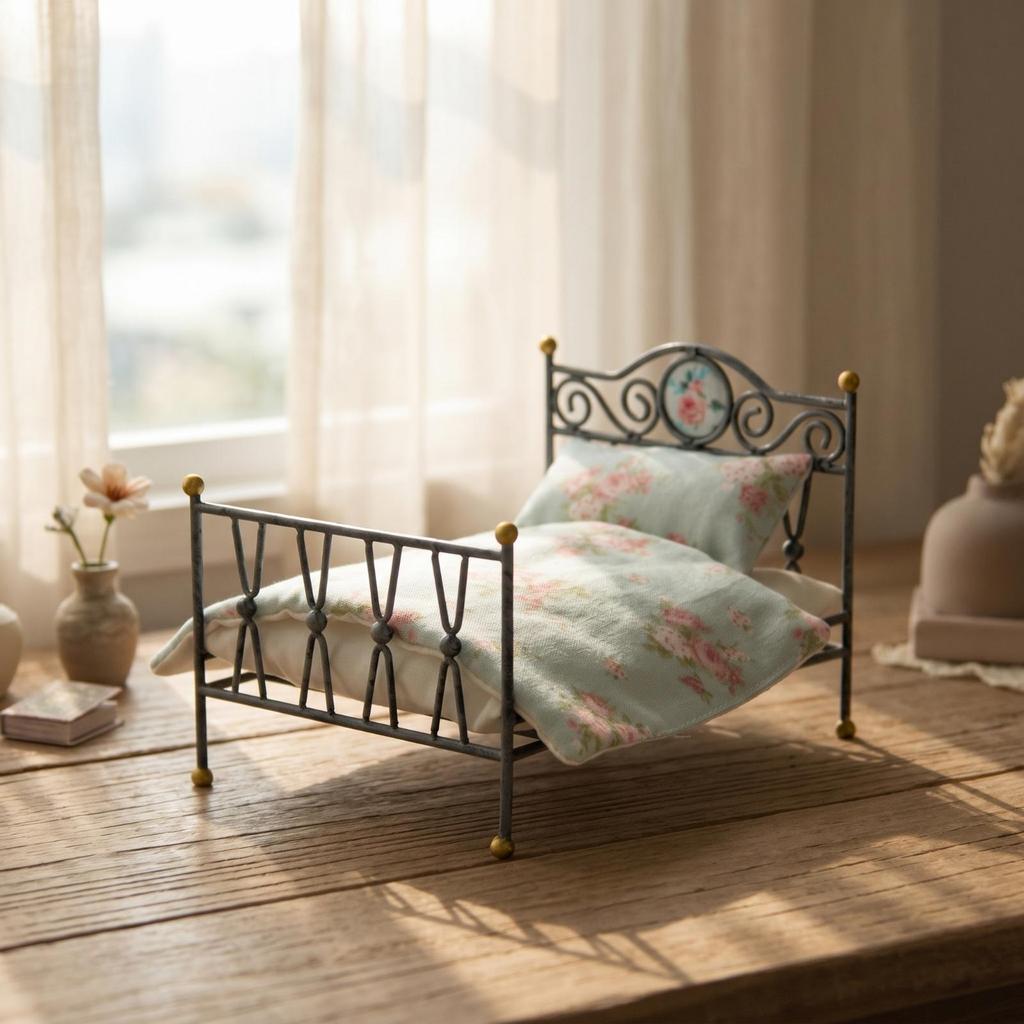 Bed with Bedding Vintage Miniature Metal Ornate Furniture for Collectors,