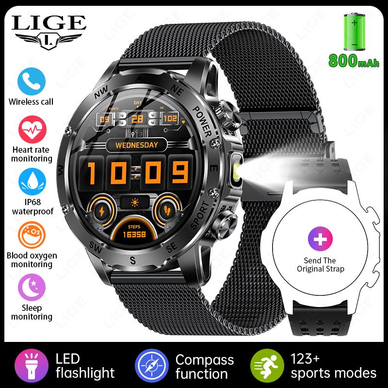 800mAh Large Battery Durable Adult Smart Watch Compass LED Flashlight IP68 BT Call Heart Rate 100+ Sports Smartwatch Men