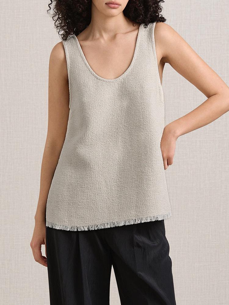 

Женский трикотажный жилет из рами высокого класса - Новый круглый вырез, бретели-спагетти, боковой разрез, топ без рукавов с отделкой кисточками Large