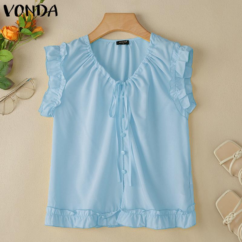 

VONDA Summer Women V neck Ruffled Sleeveless Buttons Up Casual Tank Tops 5XL синий