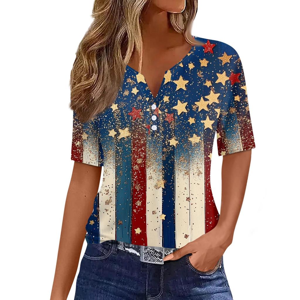 Women's T Shirt Tee Independence Day Printed Button Short Sleeve Tunic Daily Weekend Fashion Basic V- Neck Regular Top