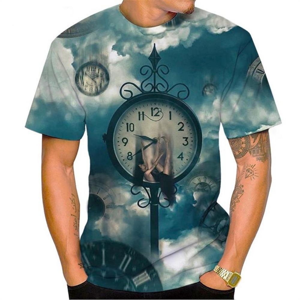 Retro Gothic Clock Men's T-shirt Breathable Quick Drying Streetwear Short Sleeve 3D Printing Summer Tops Oversized T Shirt