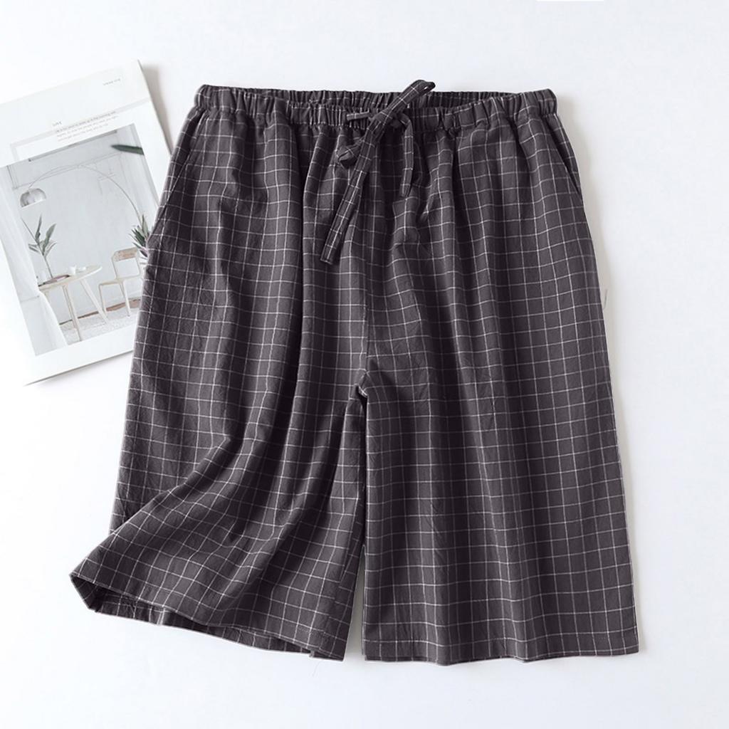 Leichte Herren-Karo-Lounge-Shorts mit elastischem Bund, Baumwoll-Schlafanzugunterteil, Lockere Passform