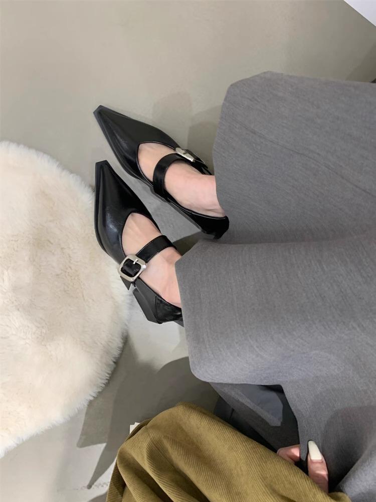 Spring new pointed Mary Jane shoes shallow mouth one word belt buckle retro versatile thick heel single shoes women's shoes