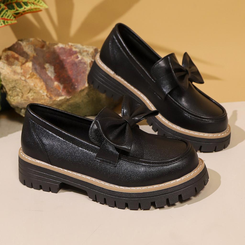 Women's Wide Width Bow Detail Loafers, Round Toe Striped Driving Shoes, British Style Retro Flats for Women
