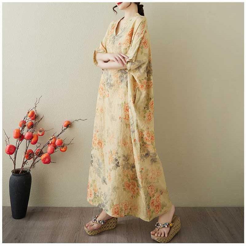 Kvinners Vintage Lang Kjole med Bomulls- og Linputter