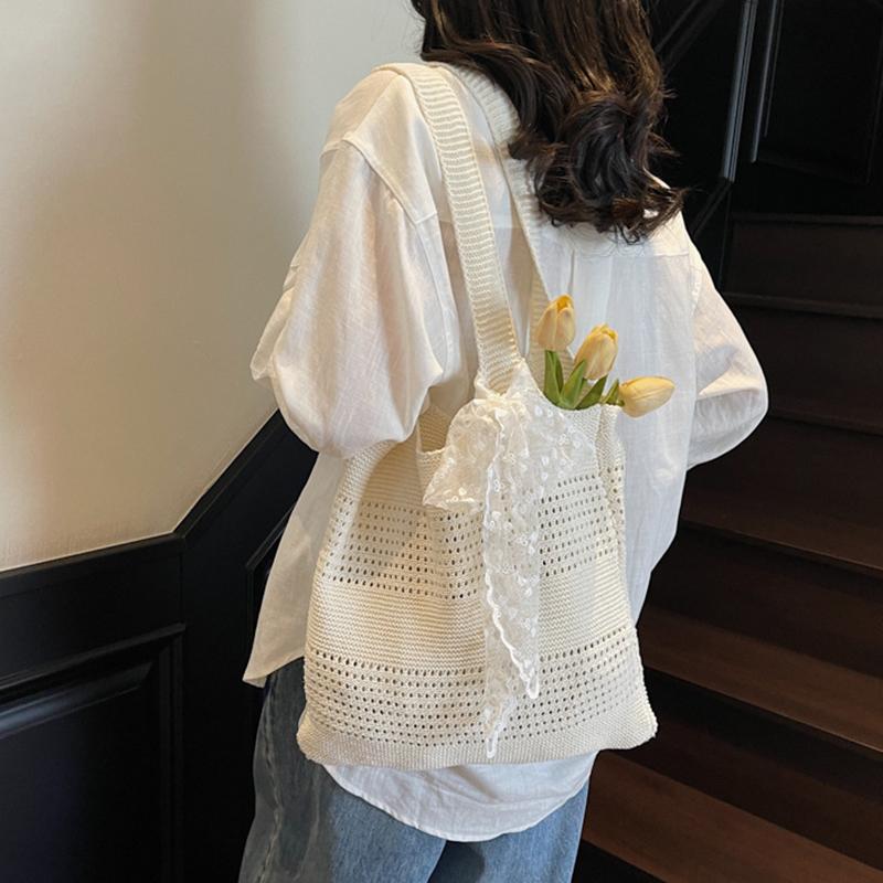 Yogodlns Summer Beach Tote Bag Women New Fashion Hollow Out Weave Shoulder Bags Female Lace Decorate Handbags