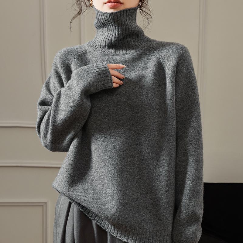 100% Pure Wool Women's High Neck Thick Raglan Sleeve Sweater - Loose Fit Base Layer Knitwear