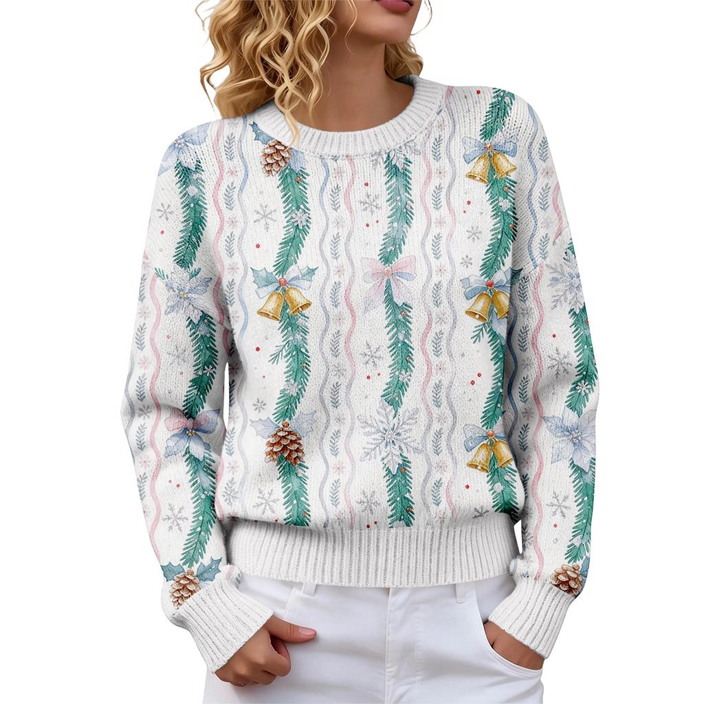 Women's Christmas Print Crewneck Long Sleeve Sweater for Fall Winter Casual Wear