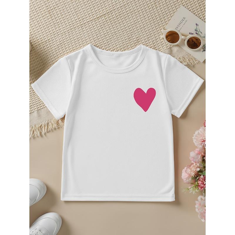 European sizes Summer Fashion Girls' Short-Sleeve T-Shirt with Heart Cartoon Pattern Double-Sided Print, Casual and Versatile Top