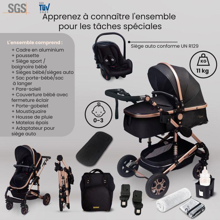 Poussette 3 en 1 set complet avec siège auto -- Poussette combinée - pneus pleins - Sac à langer. Noir
