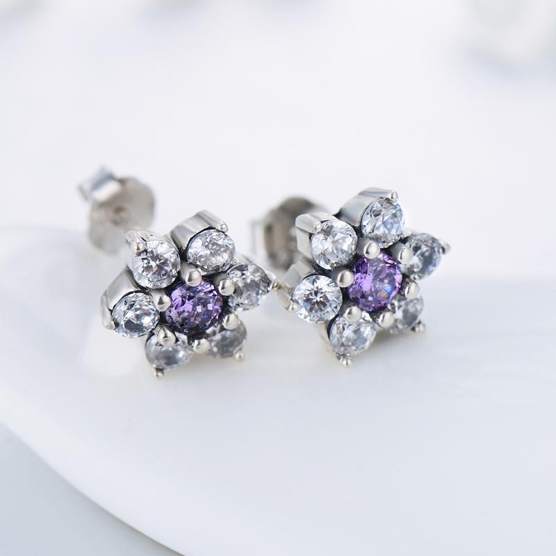 Modian 925 Sterling Silver Flower Purple Crystal Stud Earrings Fashion CZ for Women Wedding Jewelry Gift