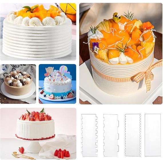 4 Pcs Cake Scraper Set Acrylic Cake Decorating Supplies Large Transparent Cake Smoother for Icing Perfect for Butter Cream Frosting with 7 Different