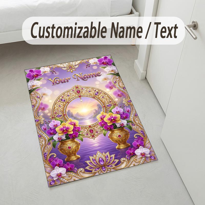 Floral Garden Theme Crystal Velvet Rug Personalized Custom Name Text Soft Floor Mat Home Decor