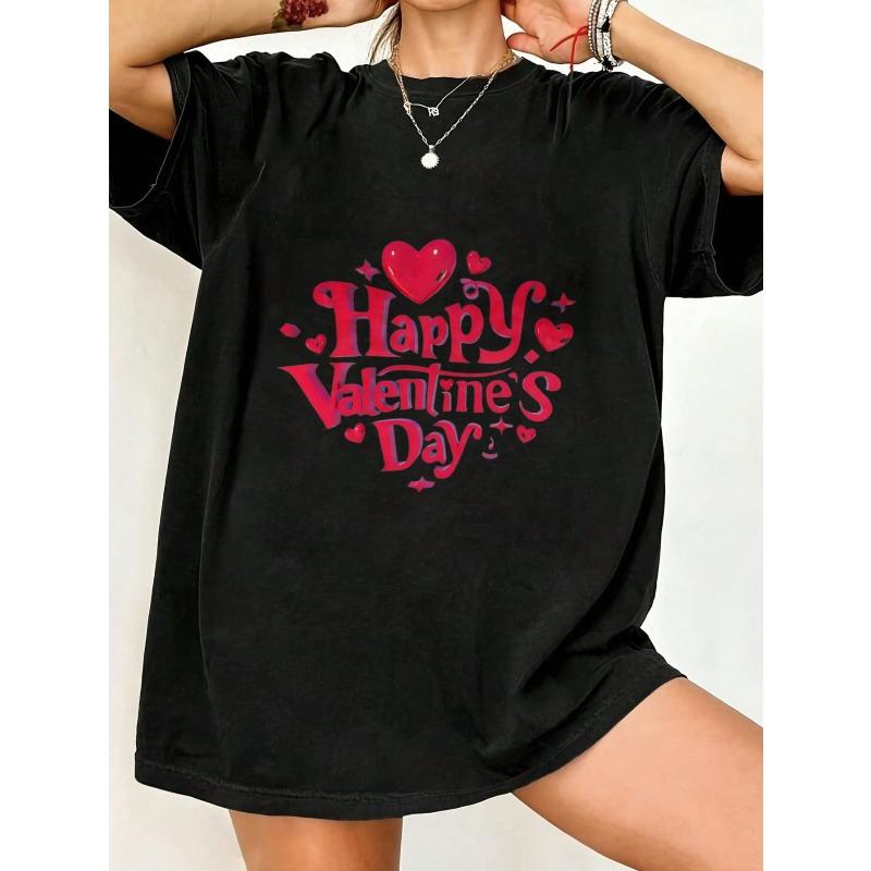 Oversized T Shirt Black Happy Valentines Day Heart Print For Valentine's Day