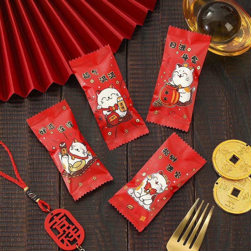 100Pcs Lucky Cat Pattern 2026 Chinese New Year Snowflake Crispy Packaging Baking Cookie Machine Sealed Candy Gift Bags