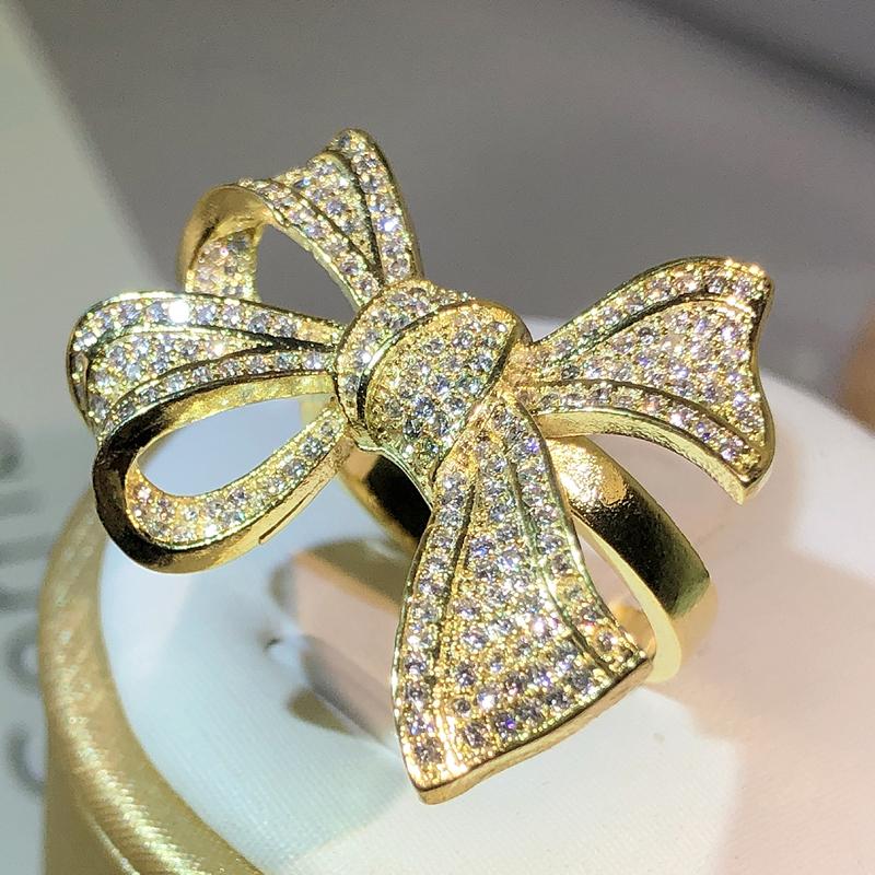 CopperExquisite Birthday Bow Fashion Jewelry Yellow Gold Bow Ring and White Zircon Ring Ladies Party Jewelry