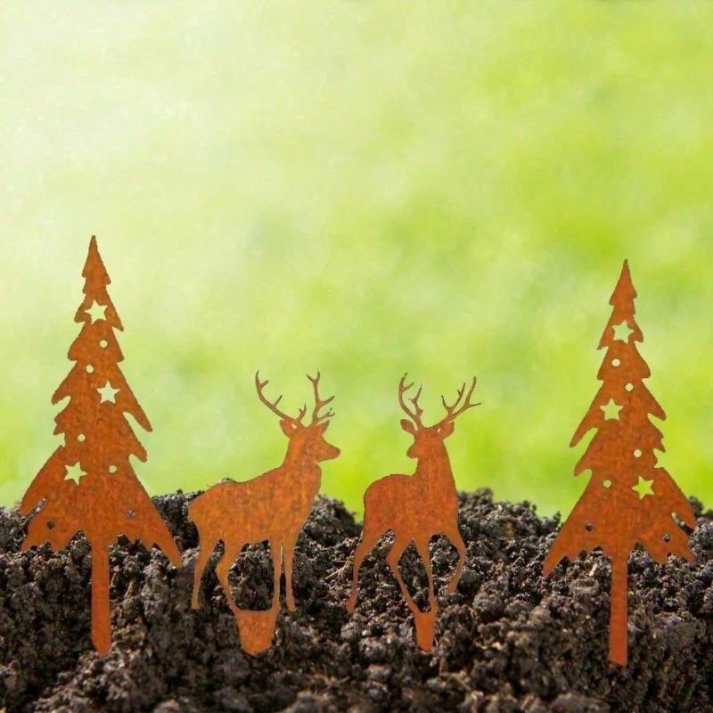 Vintage Metal Deer Tree Sculptures 4 Pack Rustic Farmhouse Outdoor Garden Statues Weather Resistant Lawn Patio Yard Decor Home Gift