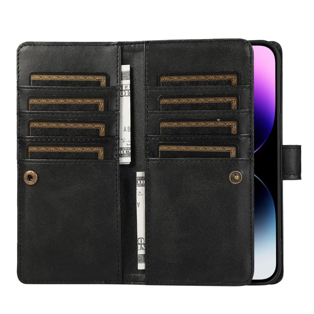 For iPhone 15 Pro Split Leather Stand Cover Multiple Card Slots Wallet Phone Case with Strap