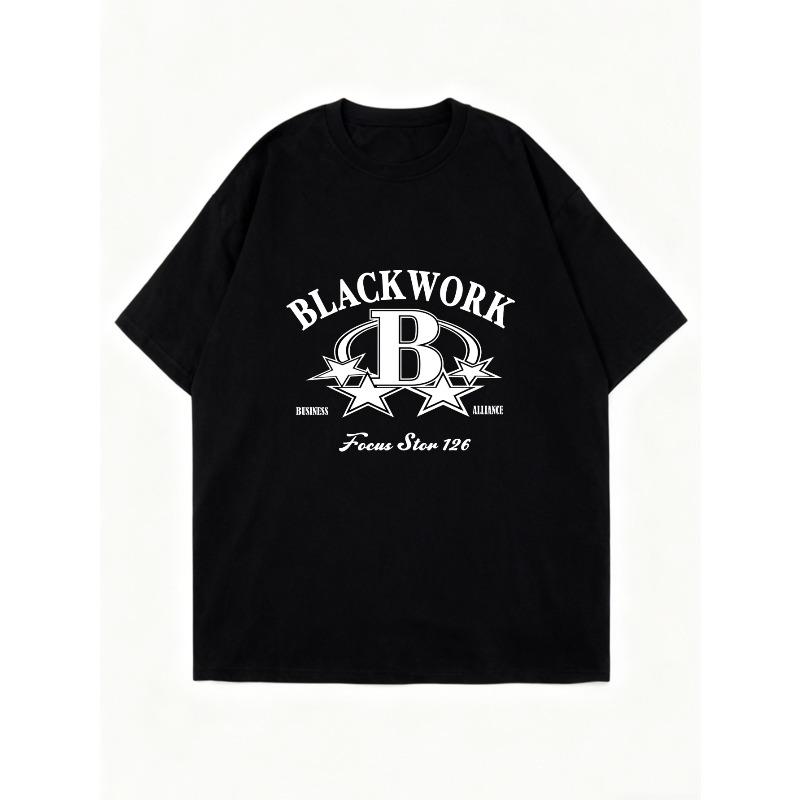 Oversized T Shirt Black Blackwork Logo Print With Stars And Text For Casual Wear