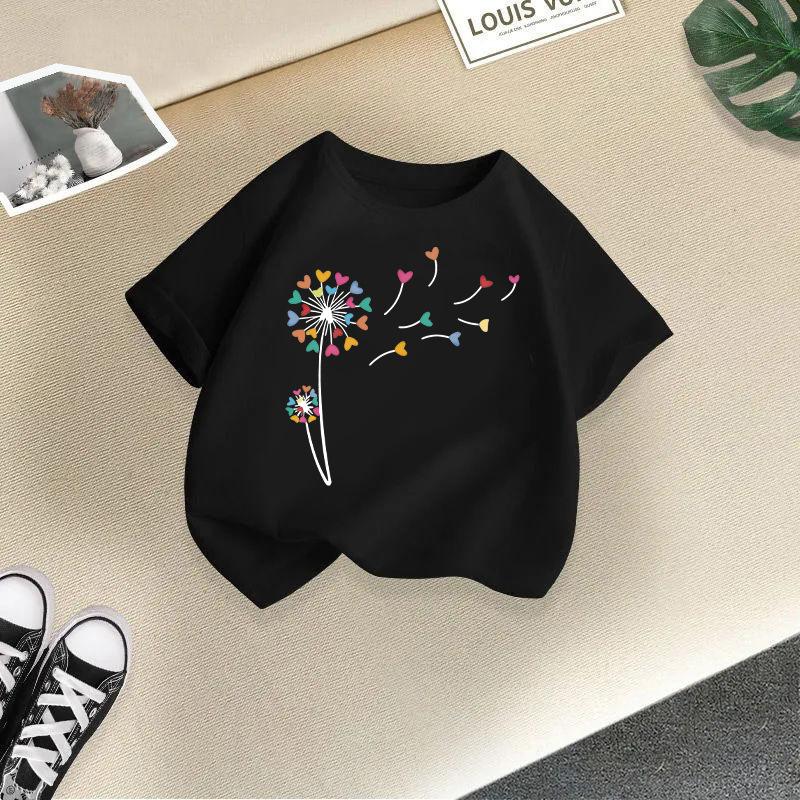 New Girls' Short Sleeved Children's T-shirt Fireworks Printed Versatile Middle and Small Children's Top Summer Fashion