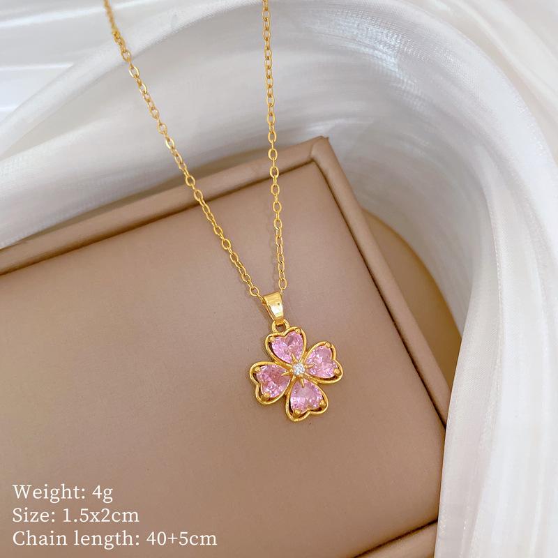 Necklace Earrings Set Light Luxury Full Diamond Four-Leaf Flower Love Personality Temperament Banquet Earrings Item Group