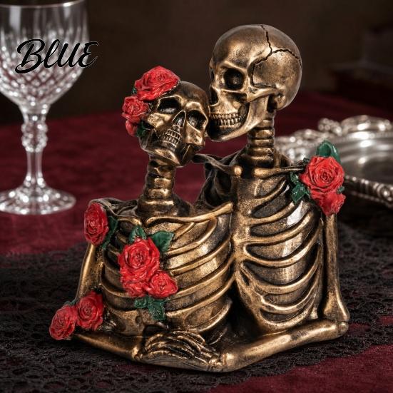 Gothic Skeleton Figurine Halloween Couple Figurine Vintage Kissing Resin Statue Ornament Rose Sculpture for Holiday Party Decoration