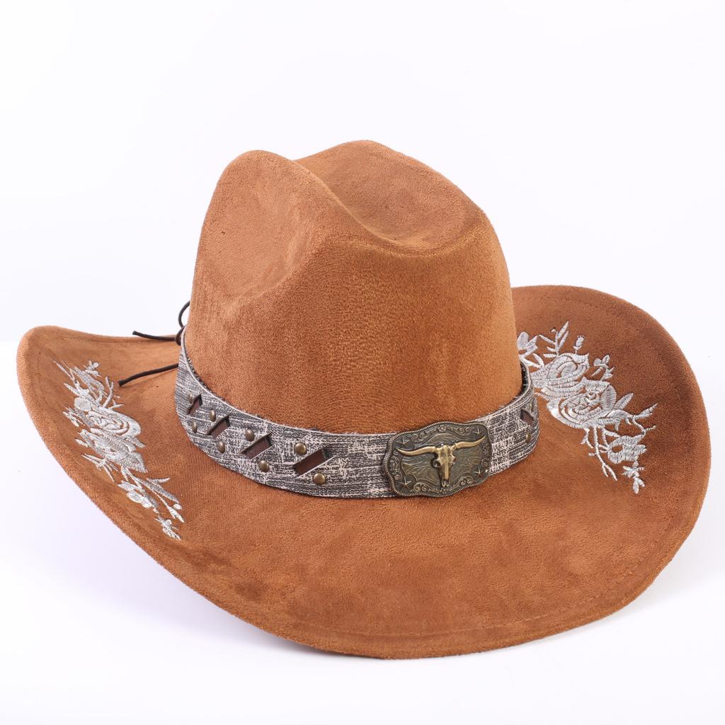 Popular European and American Classic Suede Western Cowboy Hat Men's and Women's Big Brim Embroidered Outdoor Sun Hat