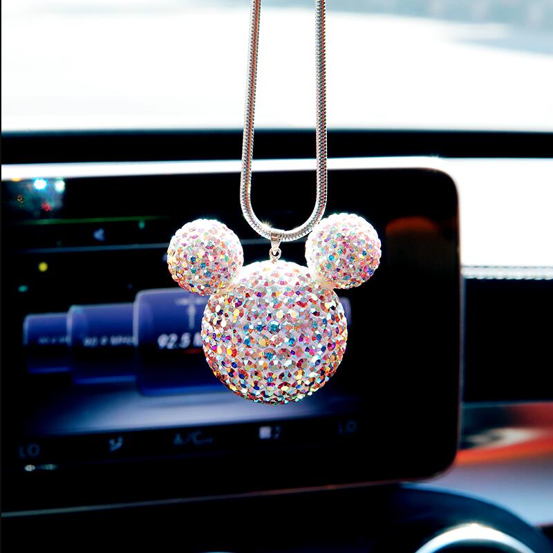 Rhinestone Crystal Ball Car Pendant Cute Cartoon Animal Bling Car Mirror Hanging Accessories Girls Women Car Interior Decoration