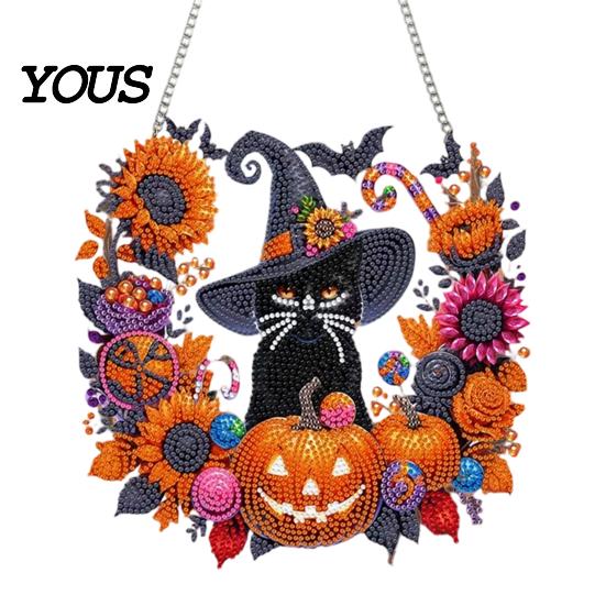Anfängerfreundliches Strassmalerei Schwarze Katze Mond Set, Halloween Facettiertes Kunstkristall Hängende Dekoration, 3D Ornament DIY Bastel Fenster Dekoration für