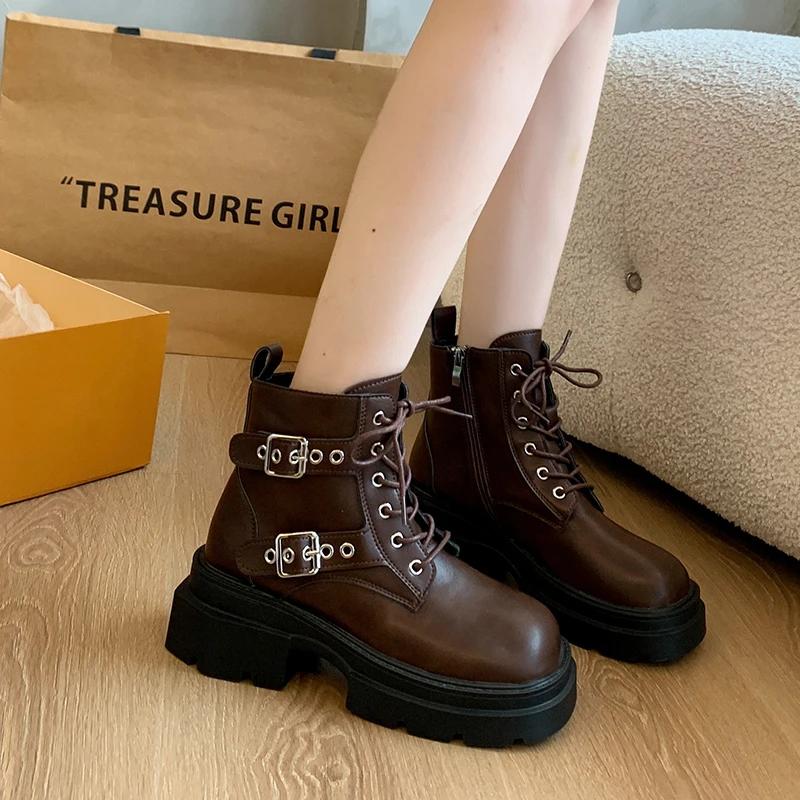 Ladies Shoes 2024 High Quality Side Zipper Women's Boots Fashion Front Lace-up Office and Career New Belt Buckle Ankle Boots