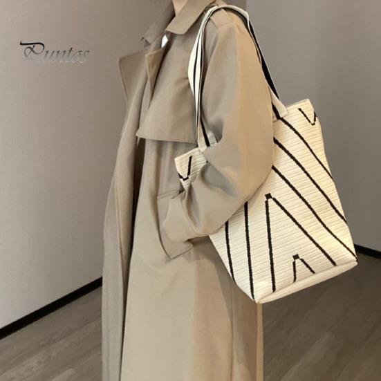 Women Shoulder Bag Wave Braided Texture Contrast Color Large Capacity Open Design Lightweight Portable Handbag for Daily Travel Commuting