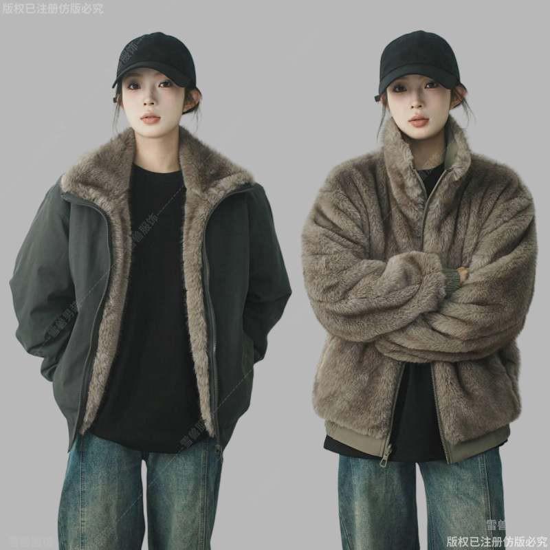 Reversible Warm Thickened Stand Collar Cotton Jacket Men Women Loose Fit Winter Outerwear In Black Gray Khaki