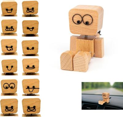 Wooden Shaking Man Figurine with 12 Magnetic Face Plates and Vent Clip, Spring-Leg Dashboard & Desk Ornament, Cute Wooden Car Decor Gift