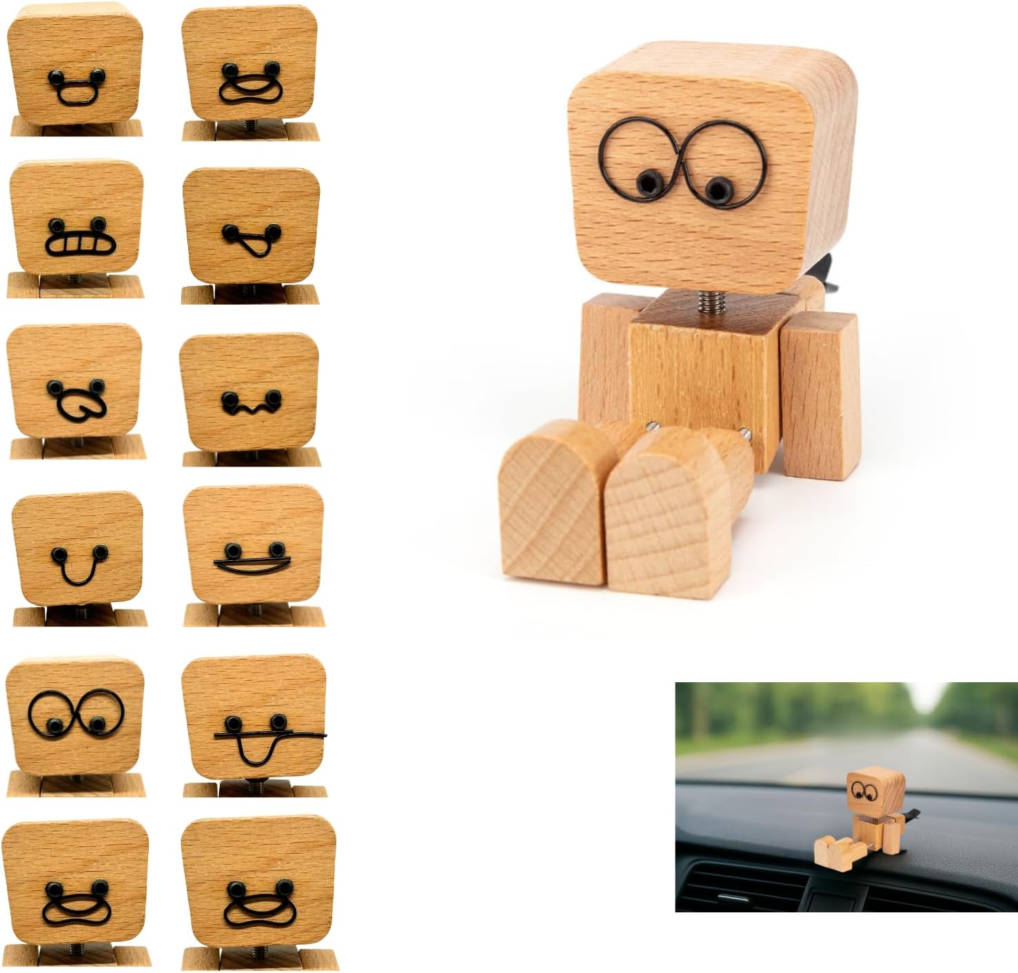 

Wooden Shaking Man Figurine with 12 Magnetic Face Plates and Vent Clip, Spring-Leg Dashboard & Desk Ornament, Cute Wooden Car Decor Gift