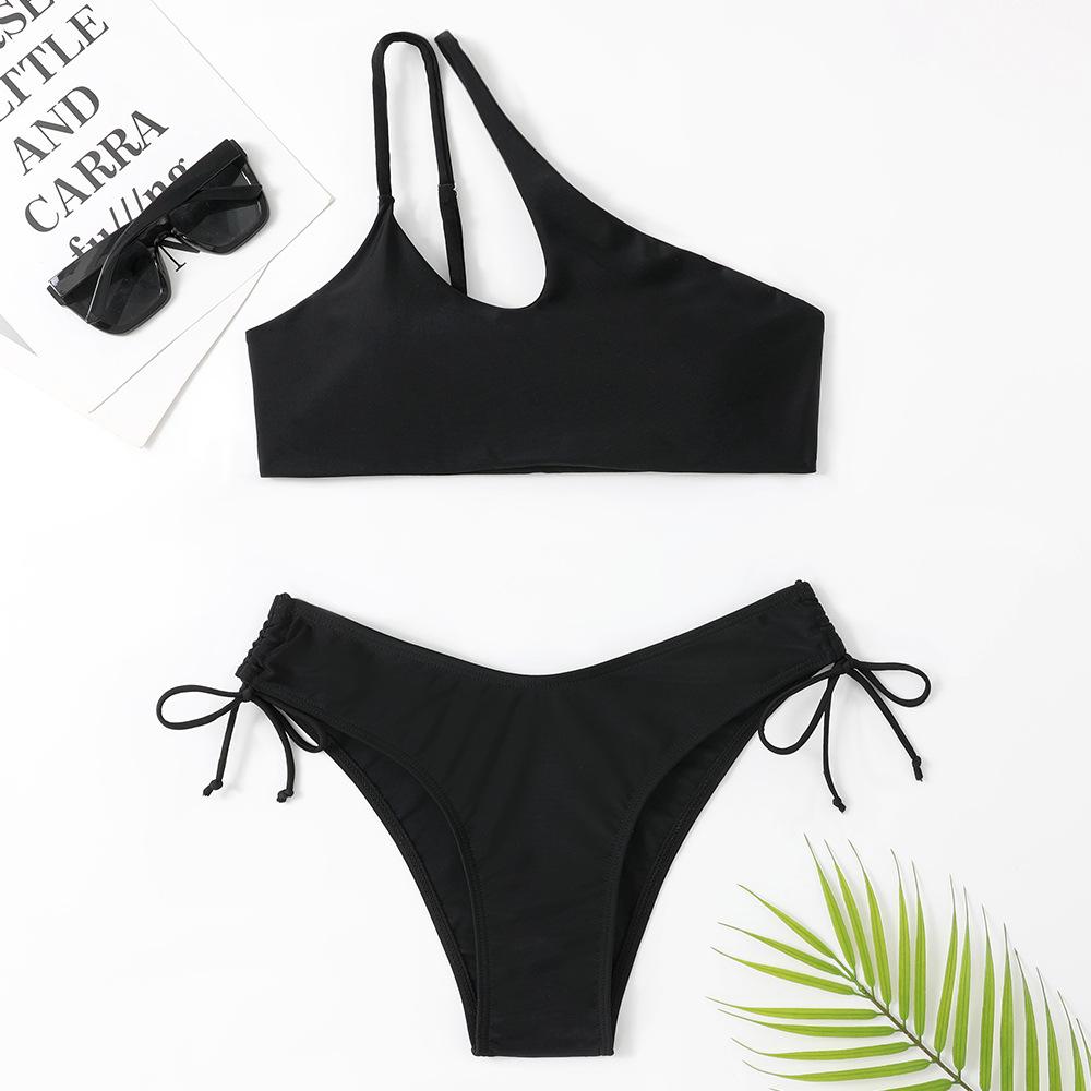 Women's One-Shoulder Solid Color Sexy Two-Piece Bikini Swimsuit