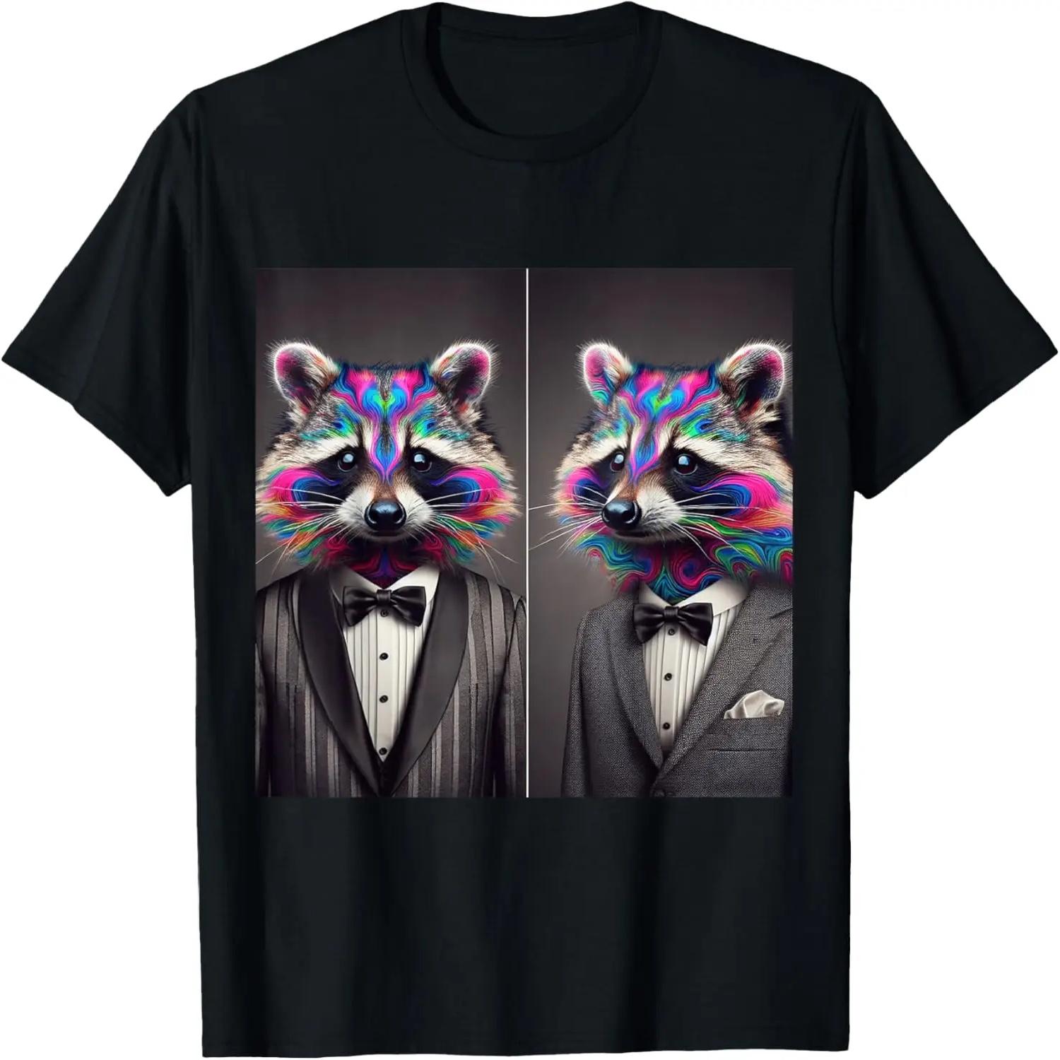 Cool Trippy Raccoon Gentleman Rainbow Ravewear EDM Graphic T-Shirt S
